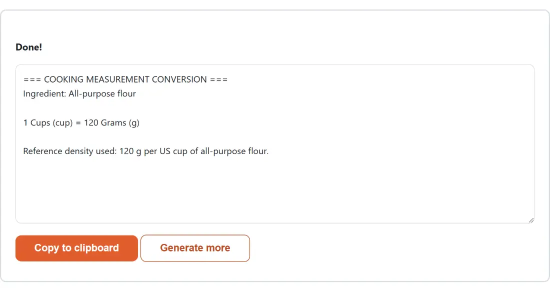 Screenshot of the Cooking Measurement Converter result screen showing the generated output “=== COOKING MEASUREMENT CONVERSION === Ingredien…”