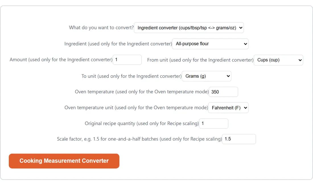 Screenshot of the Cooking Measurement Converter tool with What do you want to convert? set to Ingredient converter (cups/tbsp/tsp <-> grams/oz), Ingredient (used only for the Ingredient converter) set to All-purpose flour