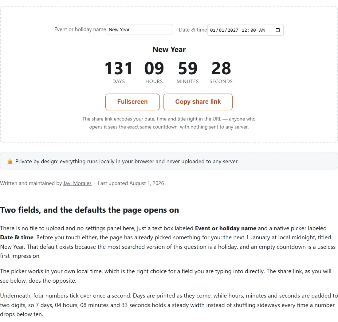 Screenshot of the Countdown to Date tool with a live countdown to a named event ticking in days, hours, minutes and seconds, with a fullscreen mode and a share link that encodes the date, time and title in the URL itself rather than storing anything