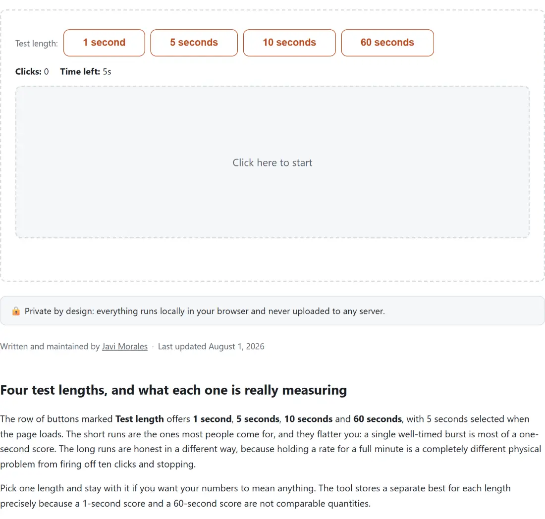 Screenshot of the Click Speed Test (CPS Test) tool with a clicks-per-second test over 1, 5, 10 or 60 seconds, counting clicks against a countdown that starts on the first click in the target area