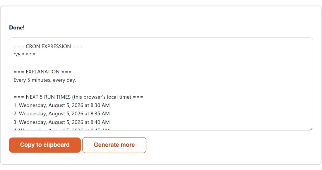 Screenshot of the Crontab Expression Generator result screen showing the generated output “=== CRON EXPRESSION === */5 * * * * === EXPLANAT…”