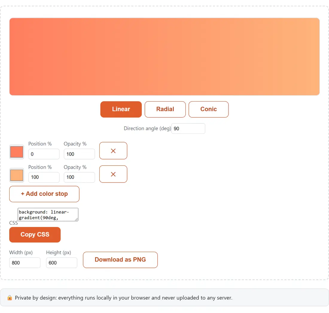Screenshot of the CSS Gradient Generator tool with a live gradient preview above its own CSS, with the colour stops listed as editable rows and controls for gradient type and angle