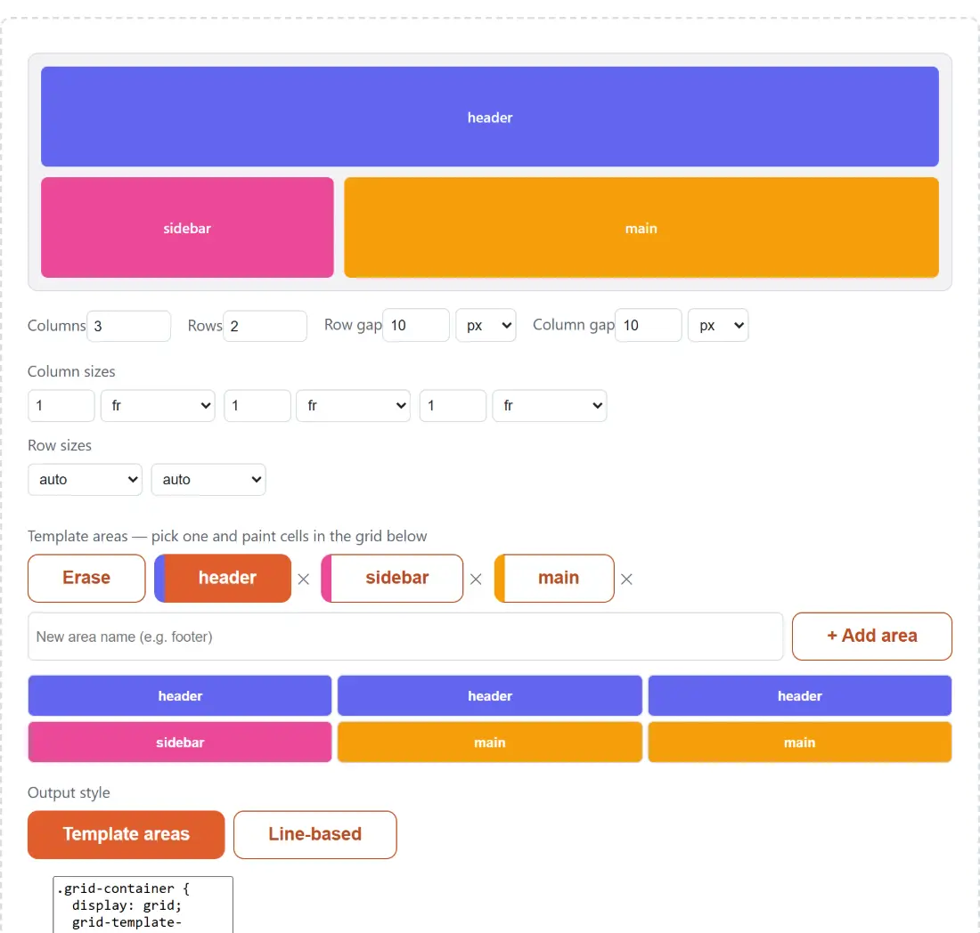 Screenshot of the CSS Grid Generator tool with a visual grid builder with named areas laid out over a live preview, and the matching CSS underneath it - grid-template-columns, grid-template-rows, gap and grid-template-areas - updating as the layout changes
