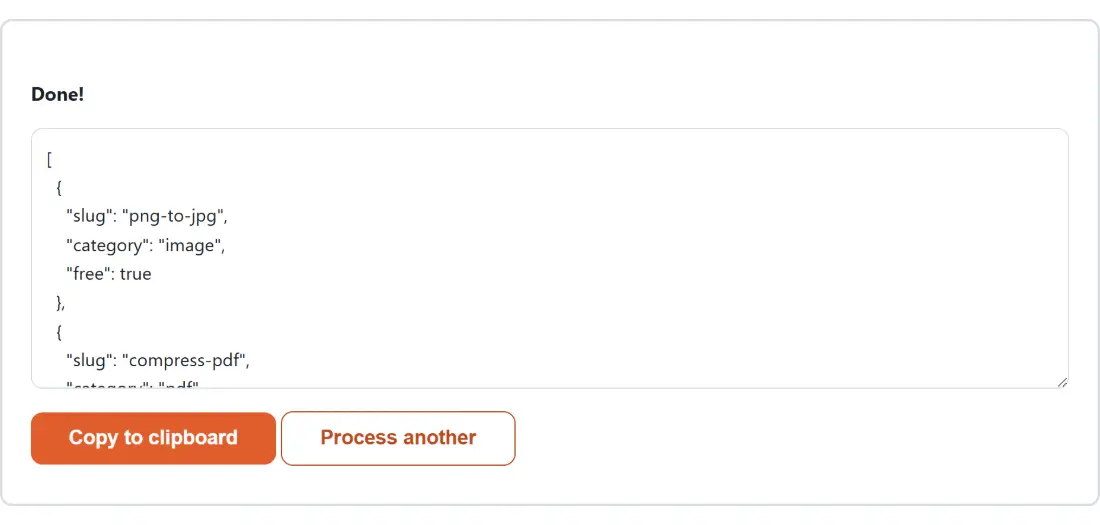 Screenshot of the Convert CSV to JSON result screen showing the generated output “[ { "slug": "png-to-jpg", "category": "image", "…”