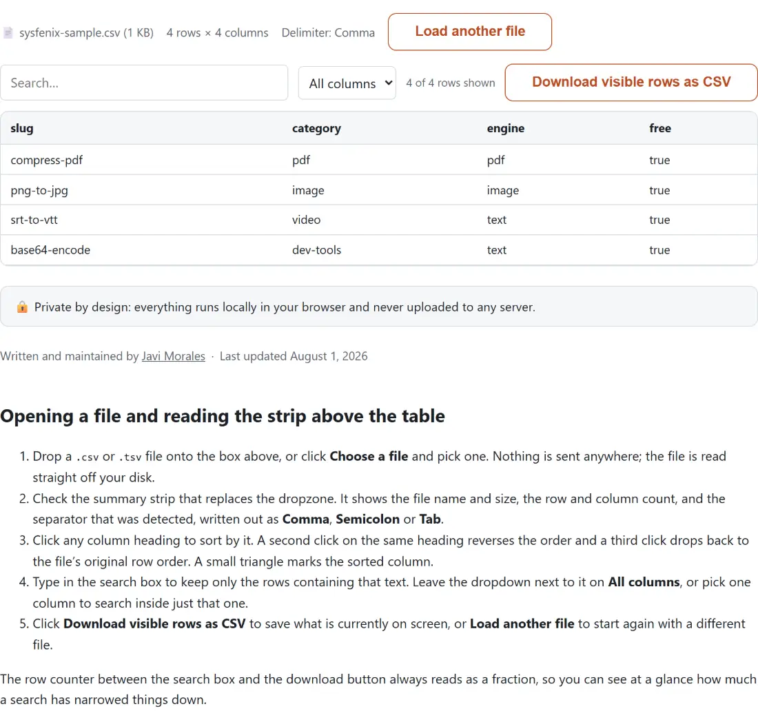 Screenshot of the CSV Viewer result screen showing the file parsed into a sortable, scrollable table with its columns detected from the header row