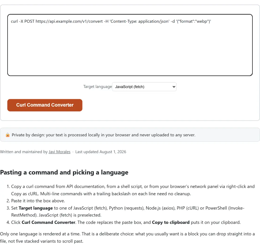 Screenshot of the Curl Command Converter tool with the sample input “curl -X POST https://api.example.com/v1/convert …”, Target language set to JavaScript (fetch)