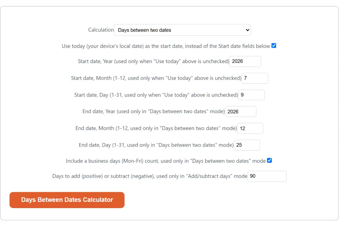 Screenshot of the Days Between Dates Calculator tool with Calculation set to Days between two dates, Use today (your device's local date) as the start date, instead of the Start date fields below set to on
