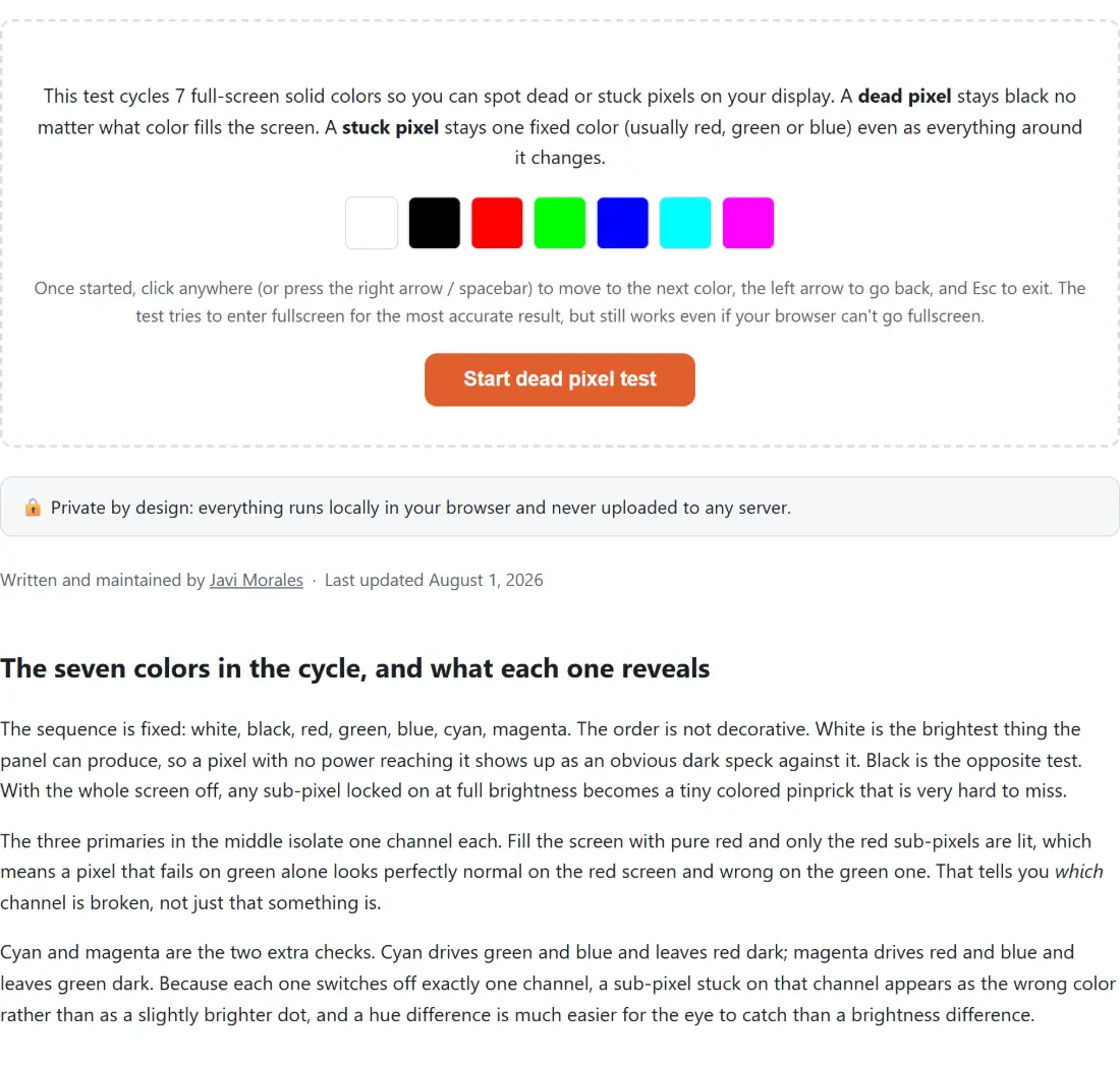 Screenshot of the Dead Pixel Test tool with a display test that cycles seven full-screen solid colours, with the distinction it depends on stated up front: a dead pixel stays black whatever colour fills the screen, while a stuck pixel stays lit in one colour