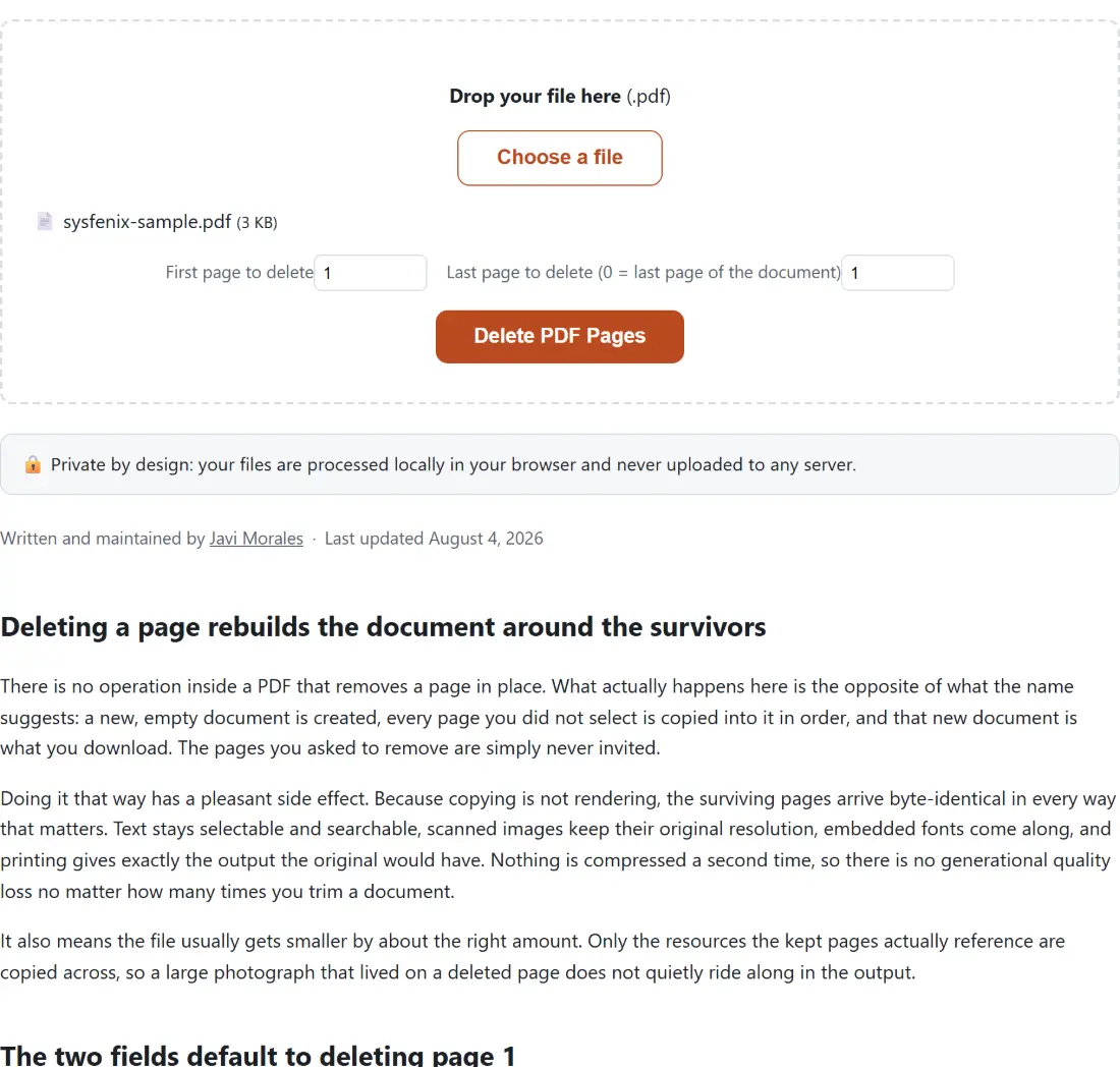 Screenshot of the Delete PDF Pages tool with sysfenix-sample.pdf (3 KB) loaded, First page to delete set to 1, Last page to delete (0 = last page of the document) set to 1