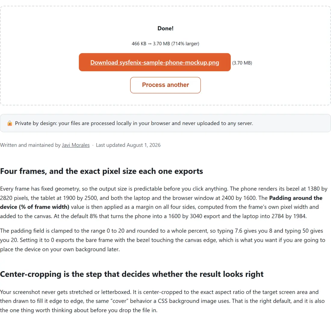 Screenshot of the Device Mockup Generator result screen showing sysfenix-sample-phone-mockup.png ready to download (3.70 MB, 714% larger)