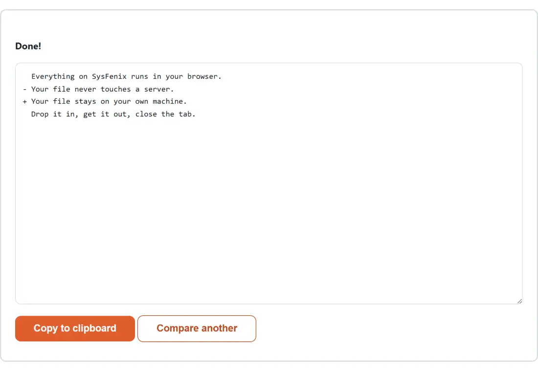 Screenshot of the Text Diff Checker result screen showing the generated output “Everything on SysFenix runs in your browser. - Y…”