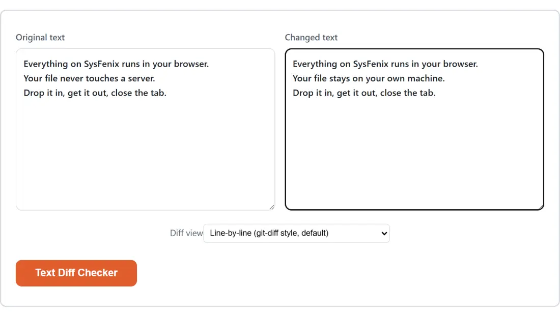 Screenshot of the Text Diff Checker tool with the sample input “Everything on SysFenix runs in your browser. You…”, Diff view set to Line-by-line (git-diff style, default)