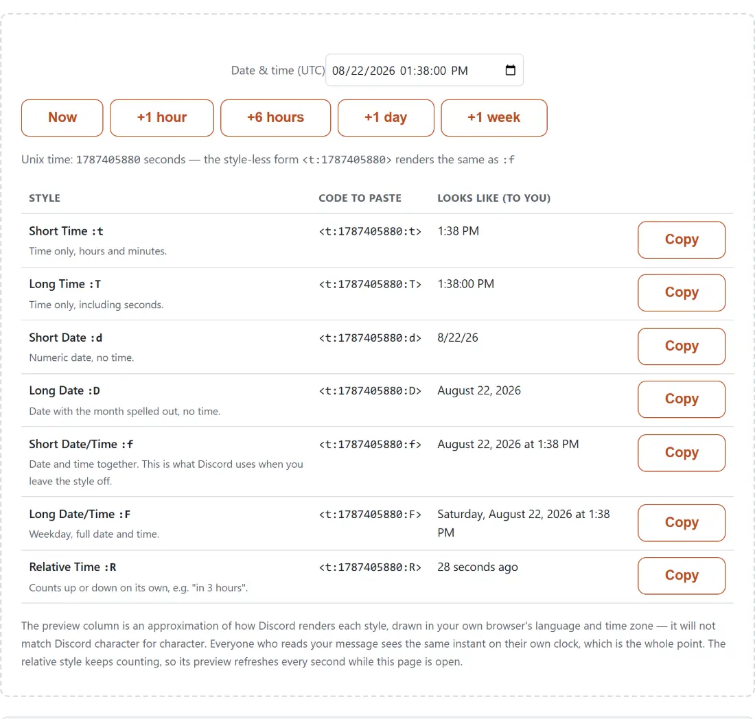 Screenshot of the Discord Timestamp Generator tool with a date and time picker beside a table of Discord timestamp formats, each row pairing the code to paste with a live preview of how it will render
