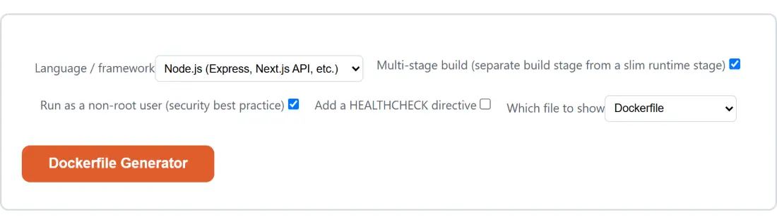 Screenshot of the Dockerfile Generator tool with Language / framework set to Node.js (Express, Next.js API, etc.), Multi-stage build (separate build stage from a slim runtime stage) set to on