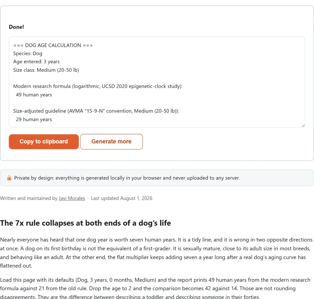 Screenshot of the Dog Age Calculator result screen showing the generated output “=== DOG AGE CALCULATION === Species: Dog Age ent…”