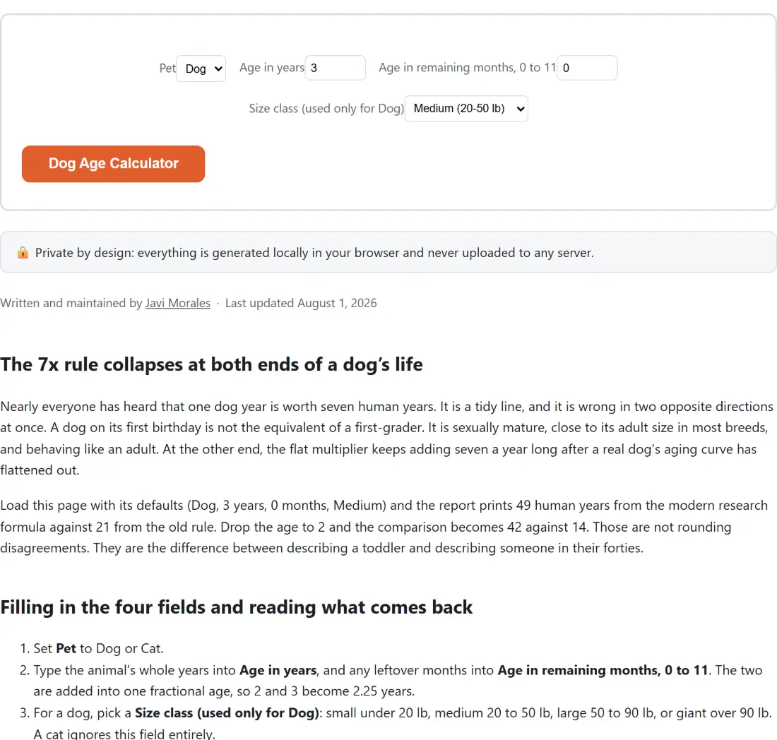 Screenshot of the Dog Age Calculator tool with Pet set to Dog, Age in years set to 3