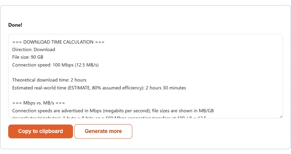 Screenshot of the Download Time Calculator result screen showing the generated output “=== DOWNLOAD TIME CALCULATION === Direction: Dow…”