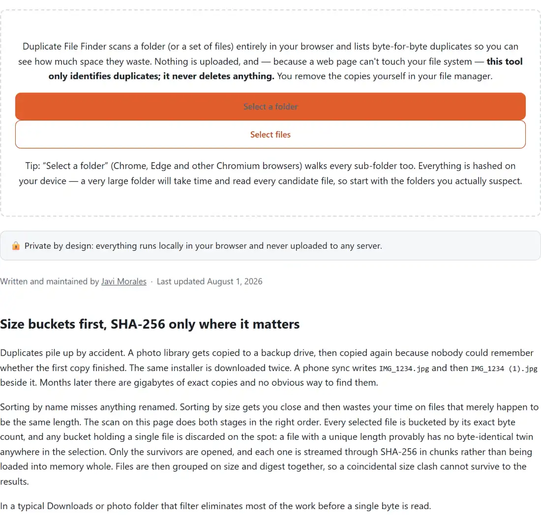 Screenshot of the Duplicate File Finder tool with two file pickers, each taking a whole folder or selection, before anything is compared