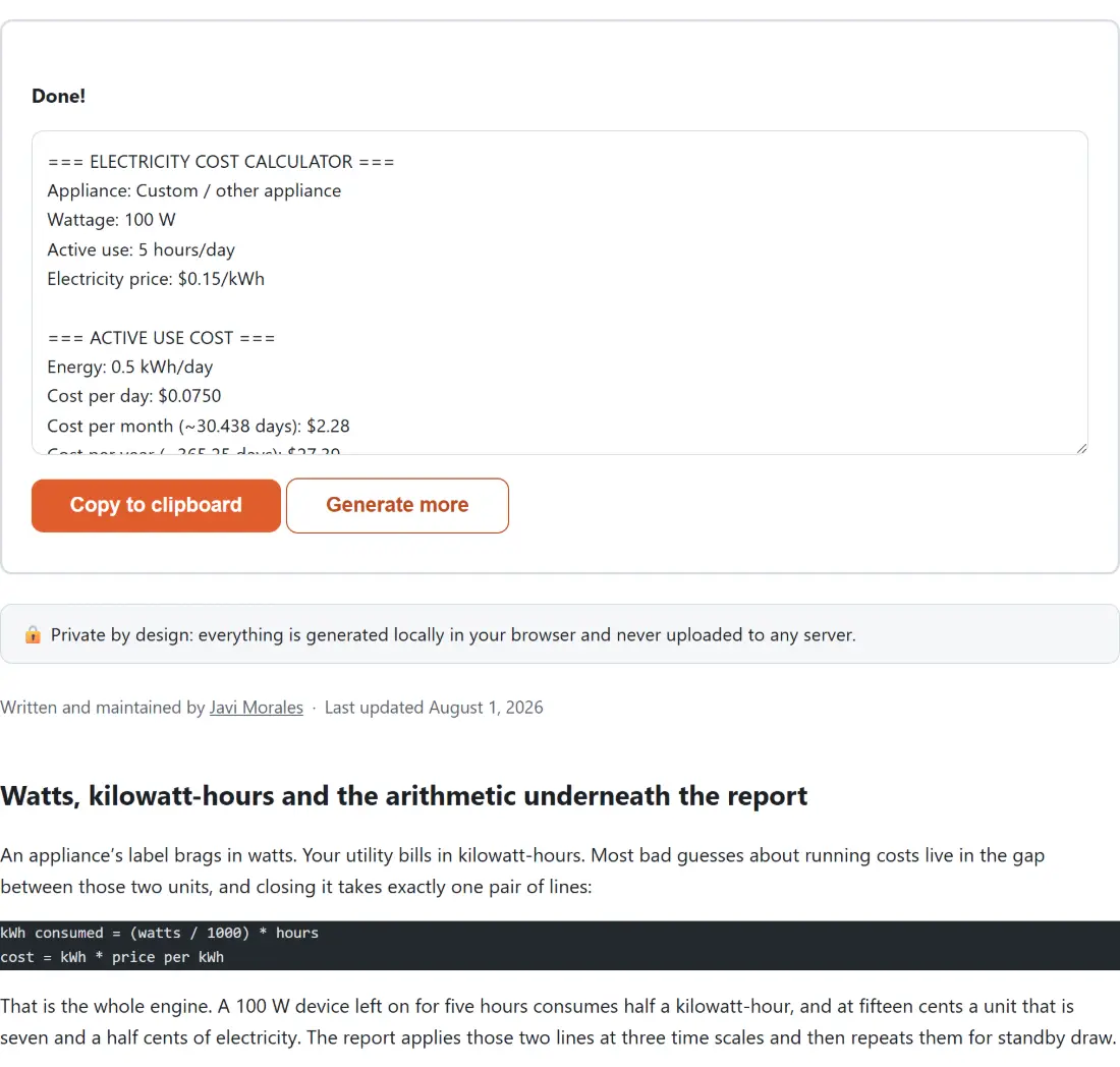 Screenshot of the Electricity Cost Calculator result screen showing the generated output “=== ELECTRICITY COST CALCULATOR === Appliance: C…”
