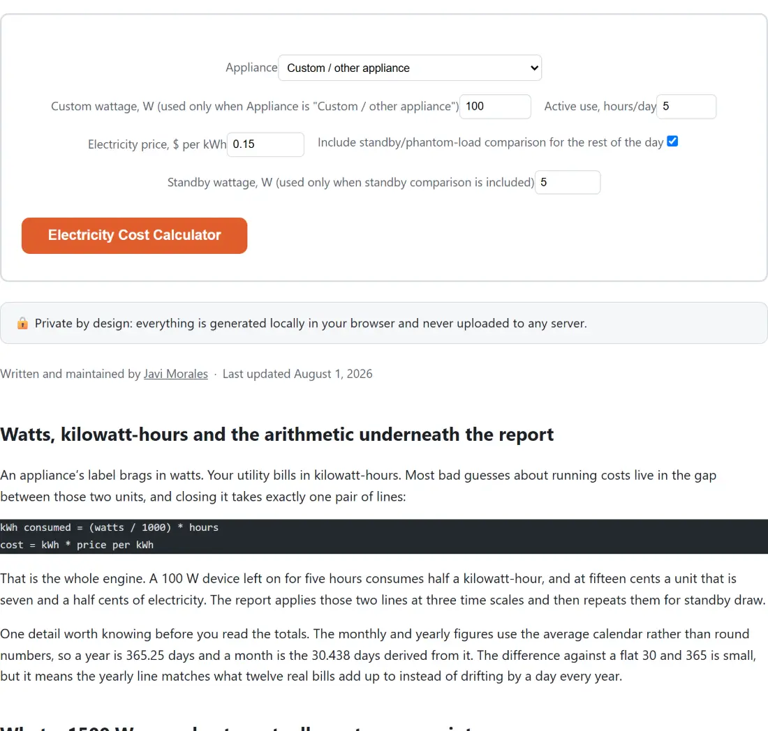 Screenshot of the Electricity Cost Calculator tool with Appliance set to Custom / other appliance, Custom wattage, W (used only when Appliance is "Custom / other appliance") set to 100