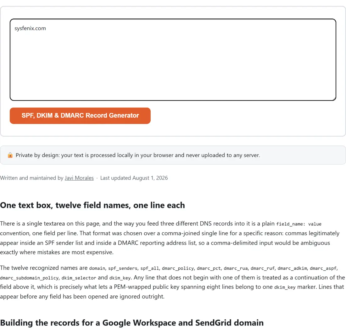 Screenshot of the SPF, DKIM & DMARC Record Generator tool with the sample input “sysfenix.com”