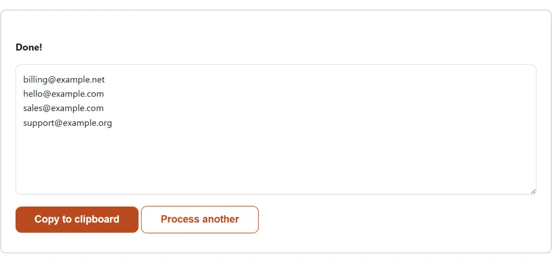 Screenshot of the Extract Email Addresses from Text result screen showing the generated output “billing@example.net hello@example.com sales@exam…”