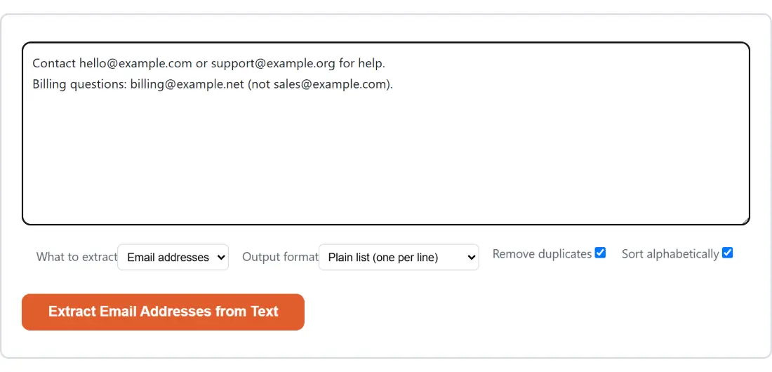 Screenshot of the Extract Email Addresses from Text tool with the sample input “Contact hello@example.com or support@example.org…”, What to extract set to Email addresses, Output format set to Plain list (one per line)