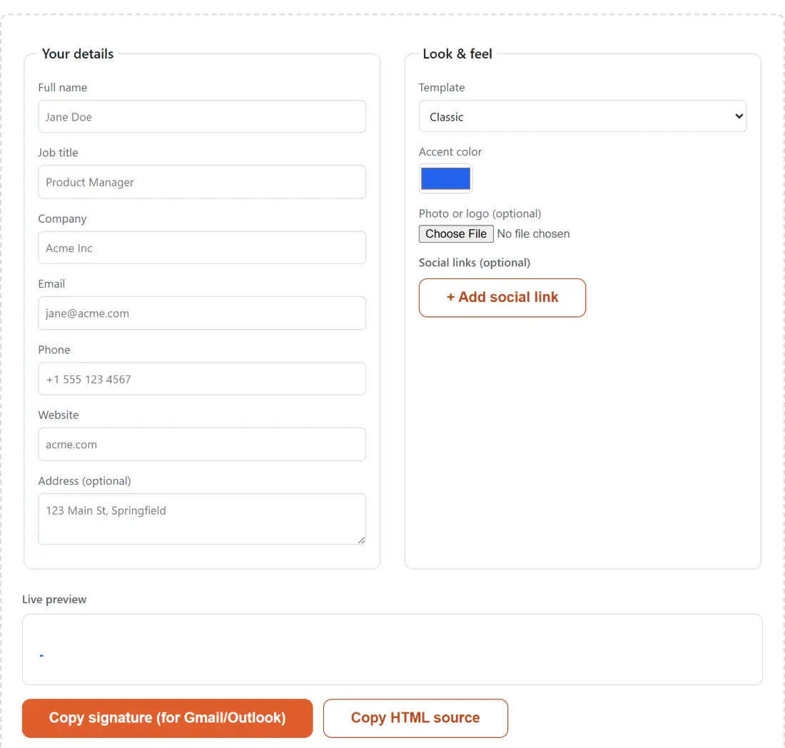 Screenshot of the Email Signature Generator tool with name, job title, company, email, phone, website and an optional address, with look-and-feel controls, rendered into an email signature ready to copy - the only file it takes is an optional avatar or logo