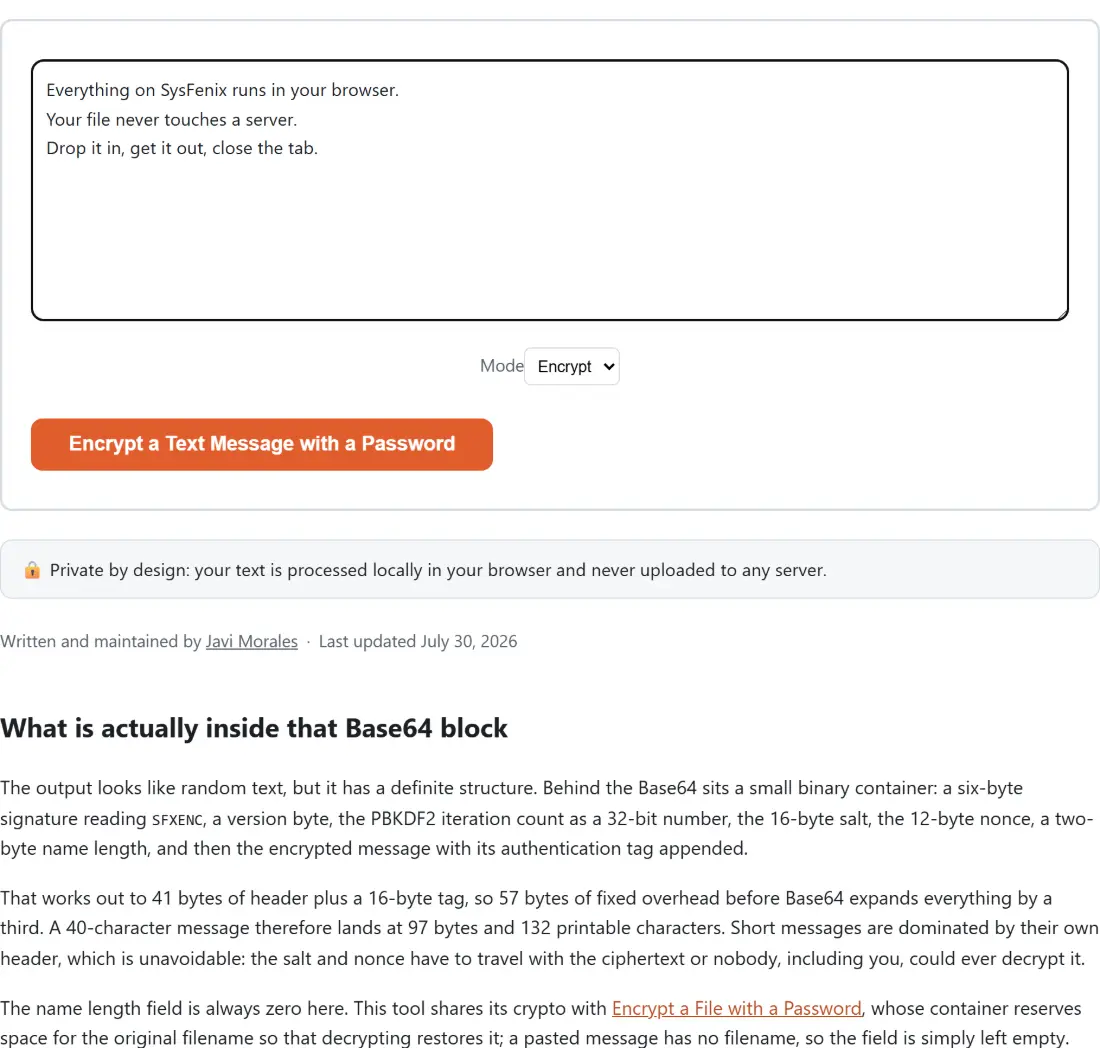 Screenshot of the Encrypt a Text Message with a Password tool with the sample input “Everything on SysFenix runs in your browser. You…”, Mode set to Encrypt