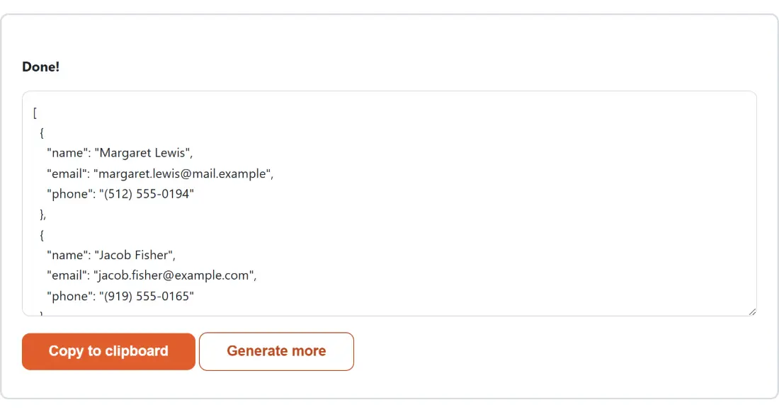 Screenshot of the Fake Data Generator result screen showing the generated output “[ { "name": "Margaret Lewis", "email": "margaret…”