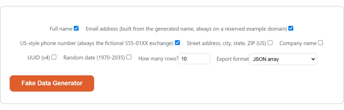 Screenshot of the Fake Data Generator tool with Full name set to on, Email address (built from the generated name, always on a reserved example domain) set to on