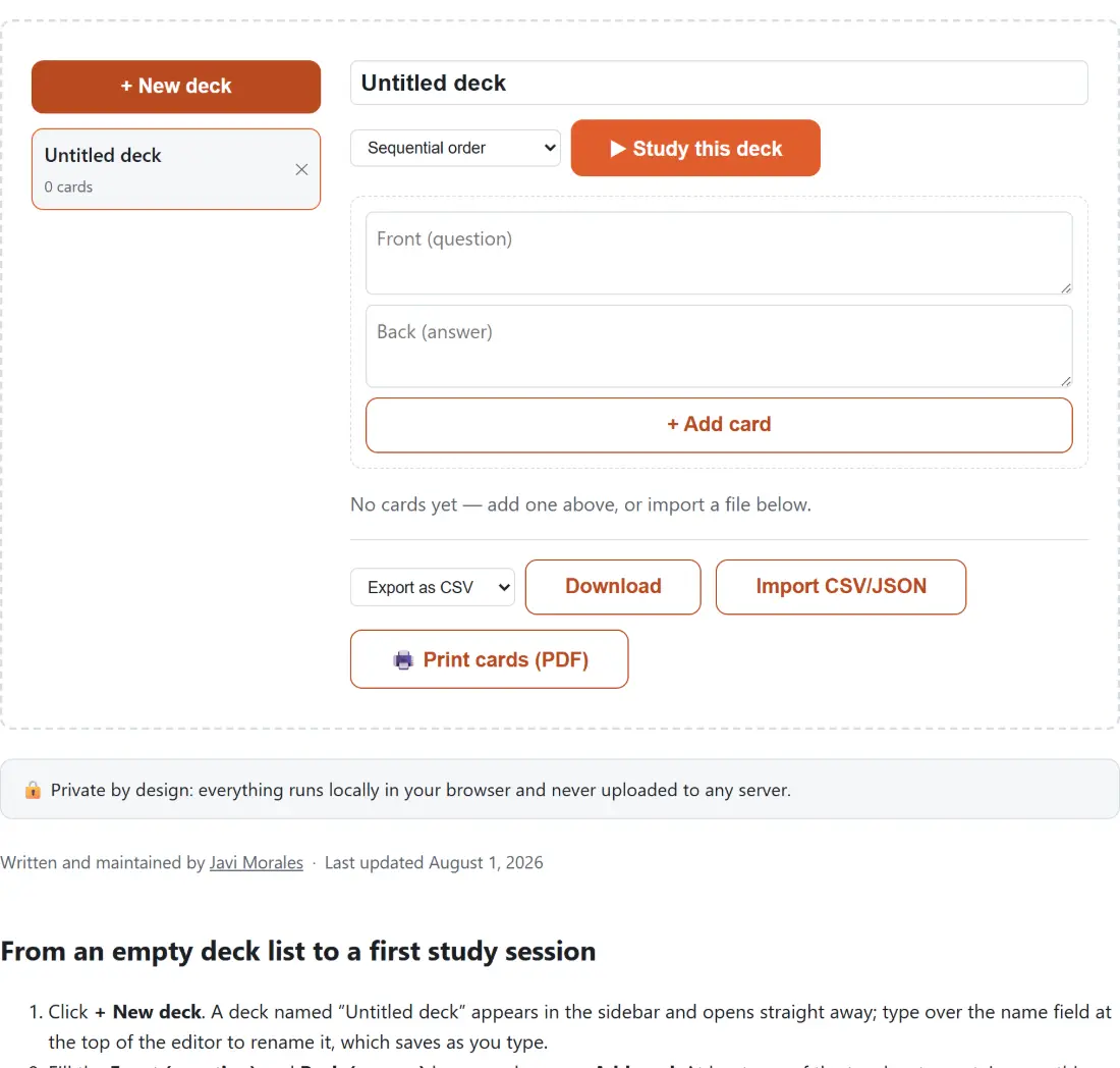 Screenshot of the Flashcard Maker result screen showing a new deck open in the editor, ready for its first card front and back