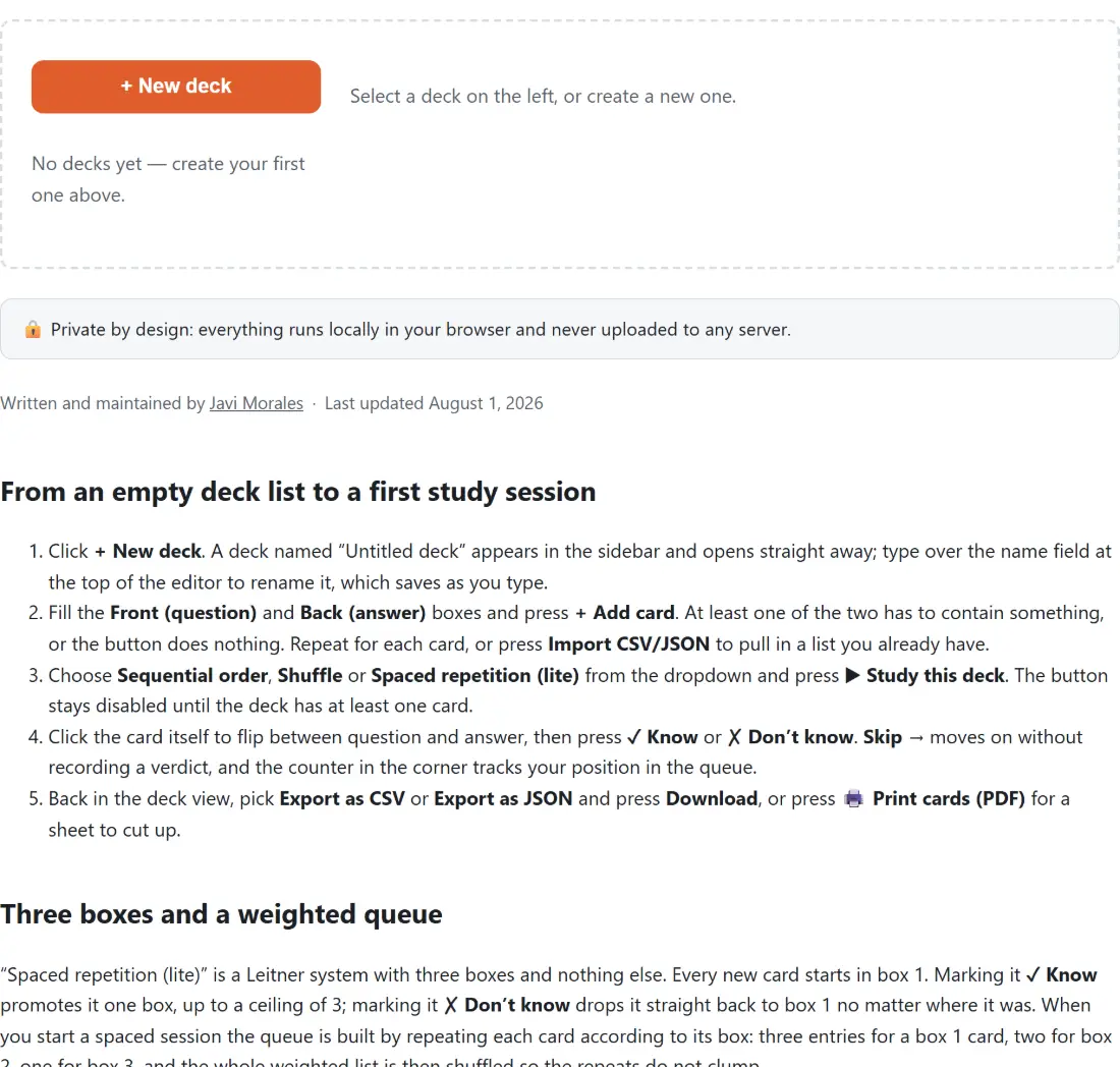 Screenshot of the Flashcard Maker tool with an empty deck list offering to create the first deck, with the card editor waiting on the right