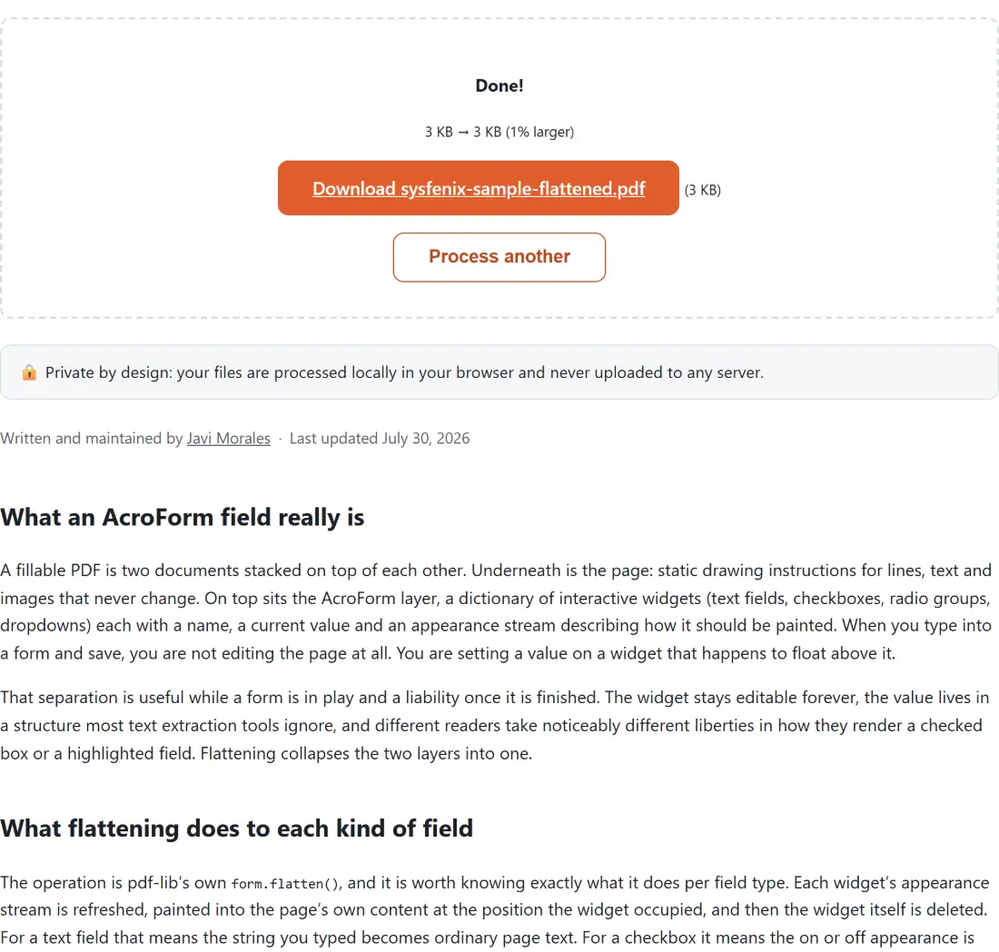 Screenshot of the Flatten a PDF result screen showing sysfenix-sample-flattened.pdf ready to download (3 KB, 1% larger)