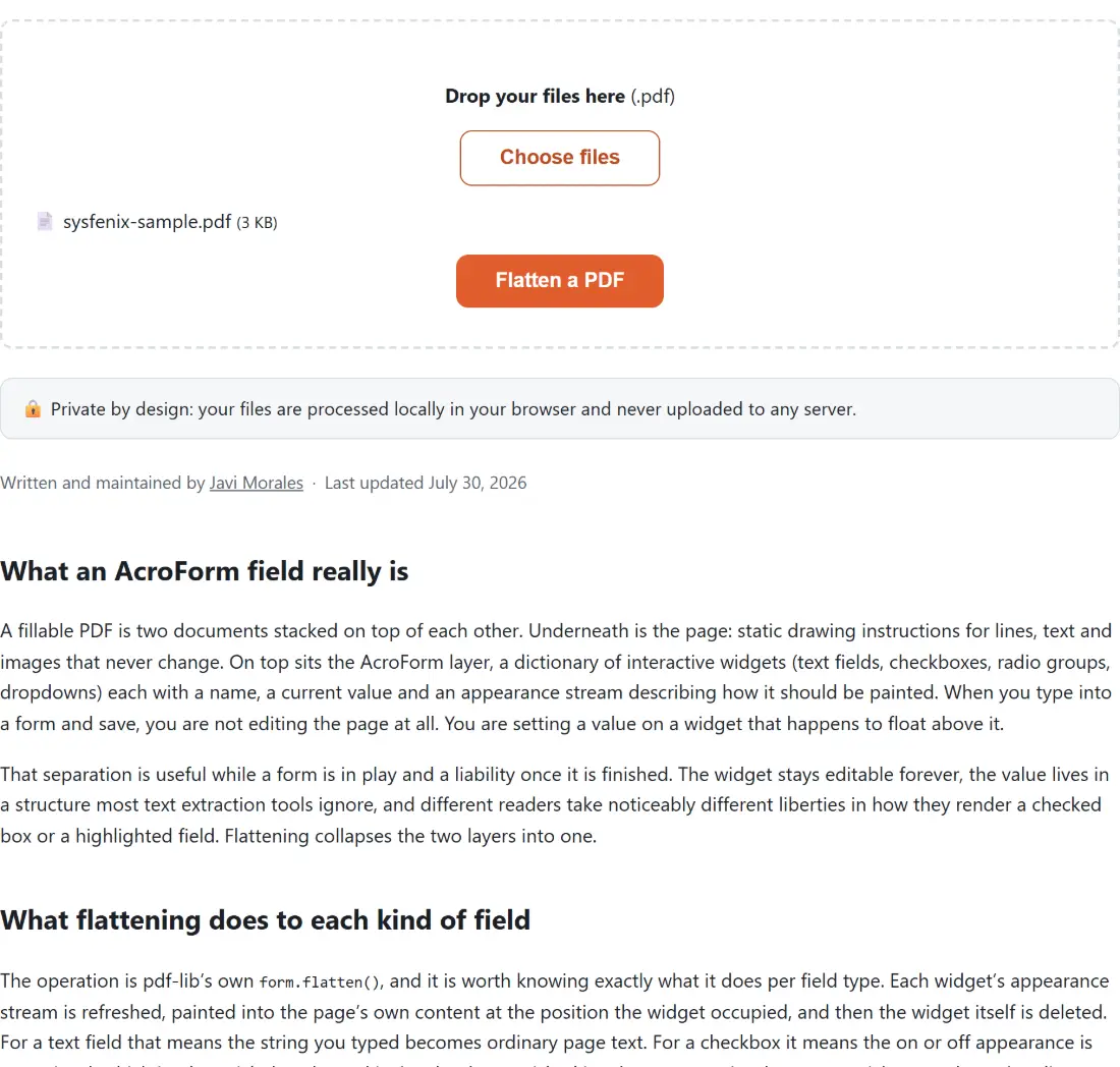 Screenshot of the Flatten a PDF tool with sysfenix-sample.pdf (3 KB) loaded