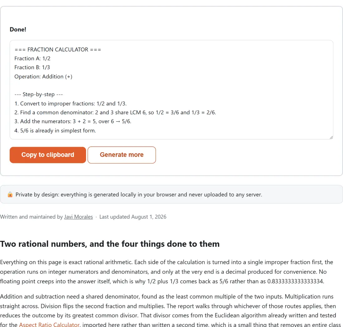 Screenshot of the Fraction Calculator result screen showing the generated output “=== FRACTION CALCULATOR === Fraction A: 1/2 Frac…”