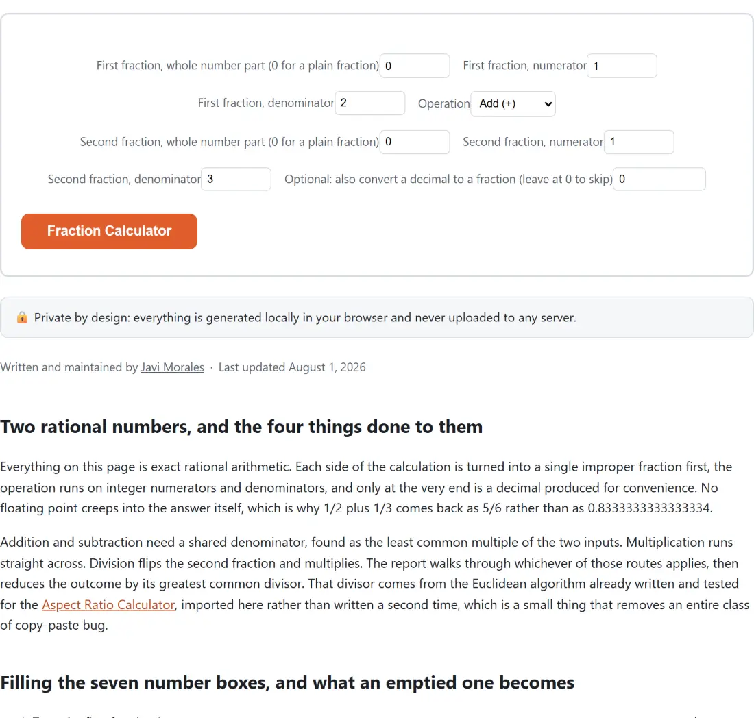 Screenshot of the Fraction Calculator tool with First fraction, whole number part (0 for a plain fraction) set to 0, First fraction, numerator set to 1
