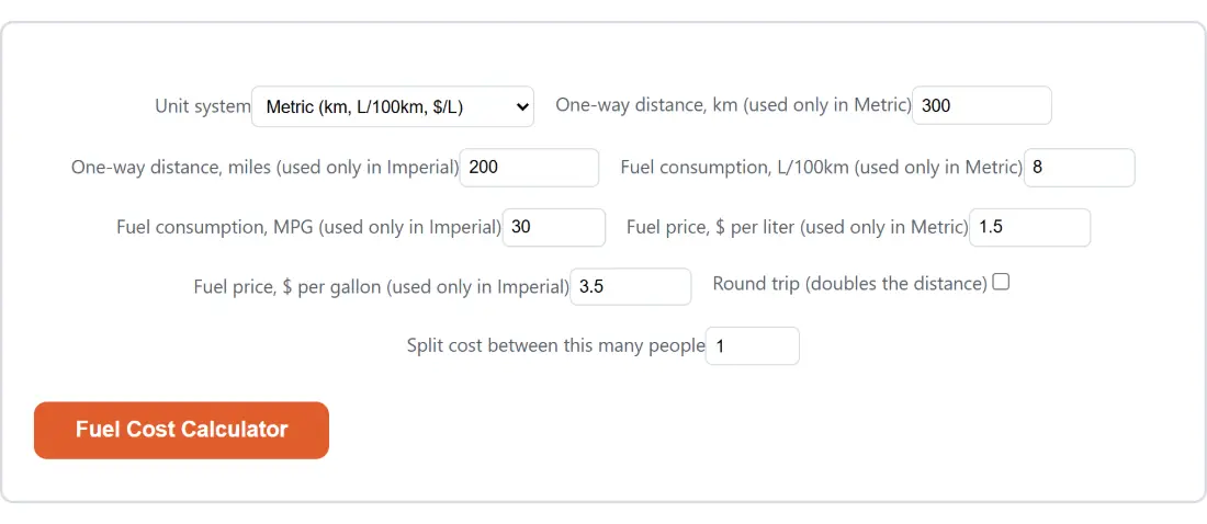 Screenshot of the Fuel Cost Calculator tool with Unit system set to Metric (km, L/100km, $/L), One-way distance, km (used only in Metric) set to 300