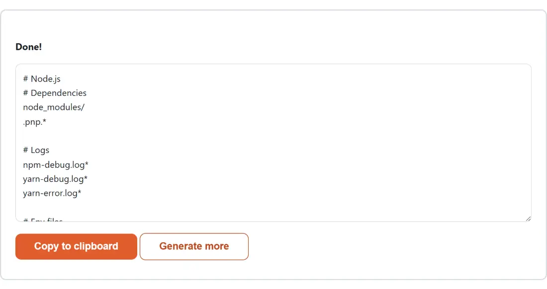 Screenshot of the .gitignore Generator result screen showing the generated output “# Node.js # Dependencies node_modules/ .pnp.* # …”