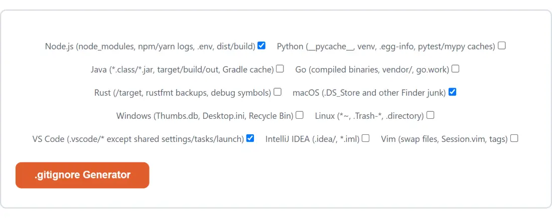 Screenshot of the .gitignore Generator tool with Node.js (node_modules, npm/yarn logs, .env, dist/build) set to on, Python (__pycache__, venv, .egg-info, pytest/mypy caches) set to off