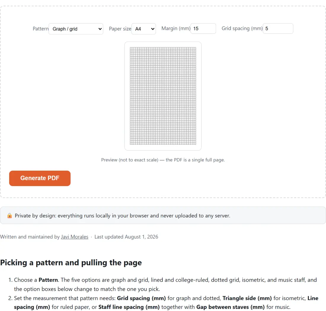 Screenshot of the Graph & Lined Paper Generator tool with a paper-pattern chooser - graph grid, college-ruled lines, dotted grid, isometric or music staff - with A4/Letter size, margin and grid spacing in millimetres, and a live preview above the Generate PDF button
