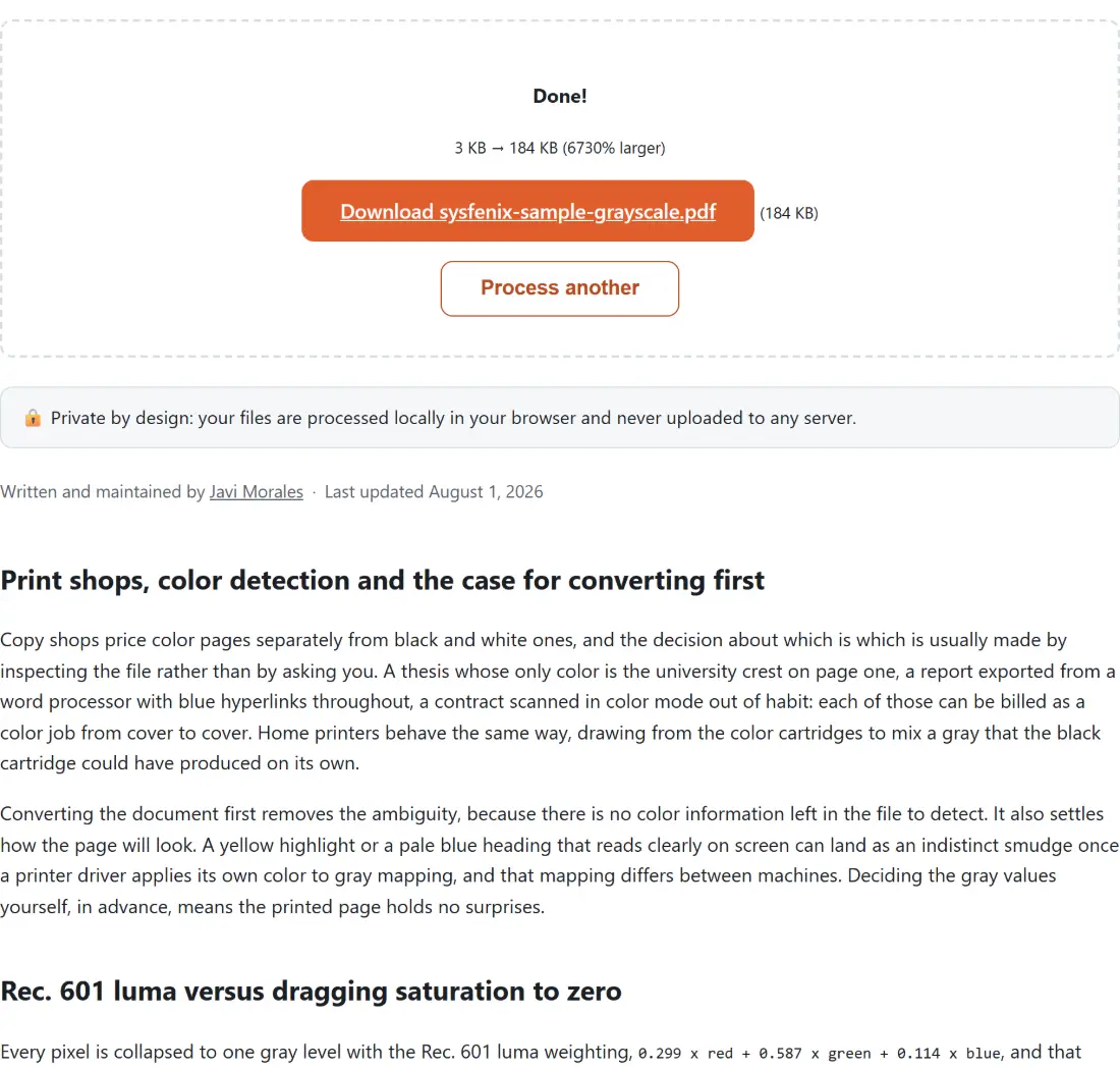 Screenshot of the Convert PDF to Grayscale result screen showing sysfenix-sample-grayscale.pdf ready to download (184 KB, 6730% larger)