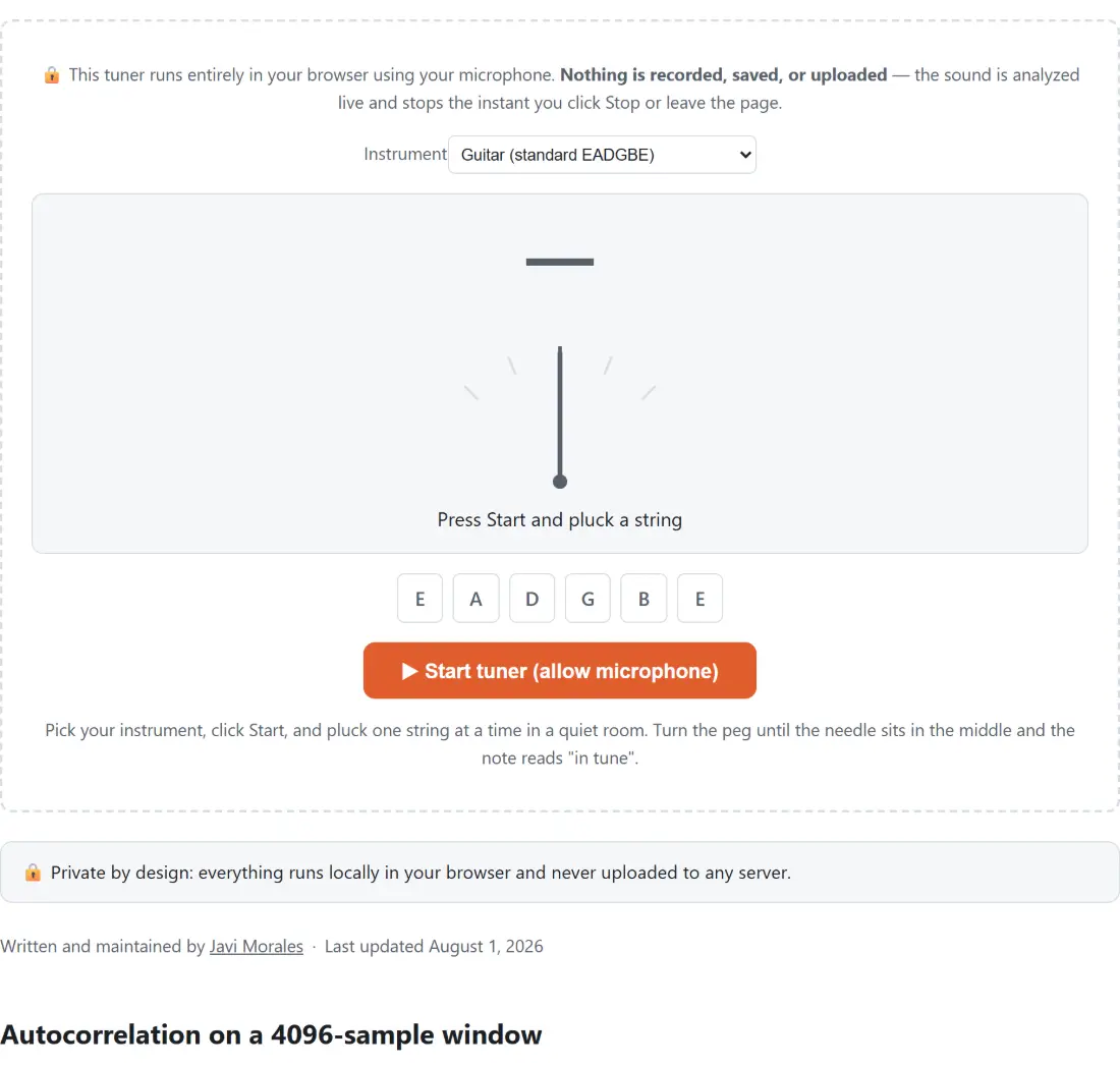 Screenshot of the Online Guitar Tuner tool with a chromatic tuner that opens with its microphone promise - the sound is analysed live in the browser, never recorded, saved or uploaded, and analysis stops the moment you stop it