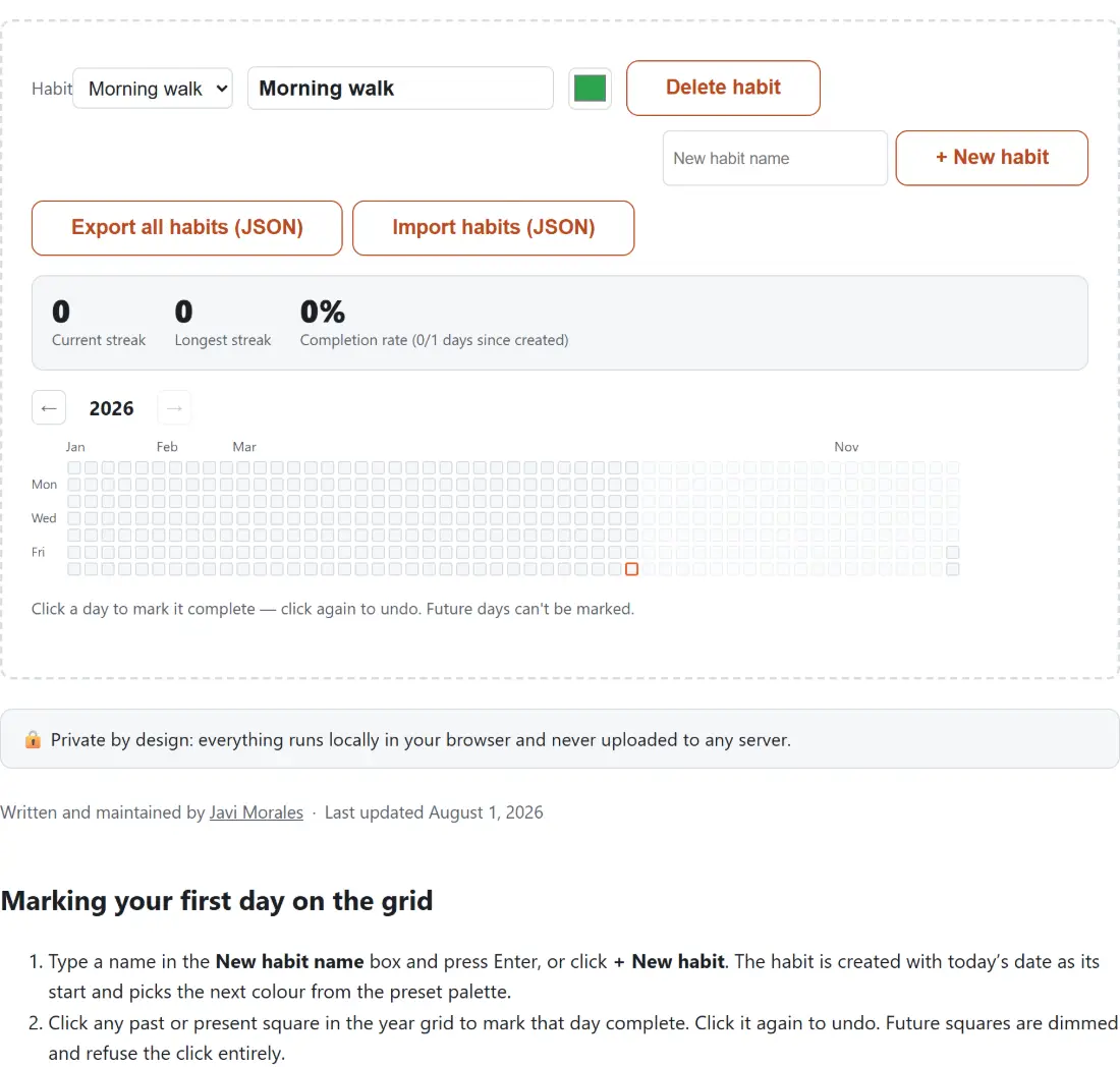 Screenshot of the Habit Tracker result screen showing a habit created and selected, with its year heatmap and streak tracking ready to record the first day