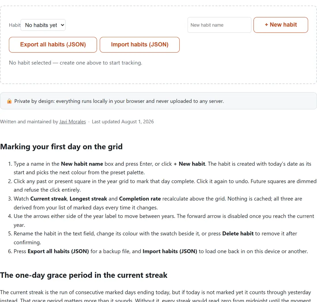 Screenshot of the Habit Tracker tool with an empty habit list with a name field and a create button, plus import and export of all habits as JSON