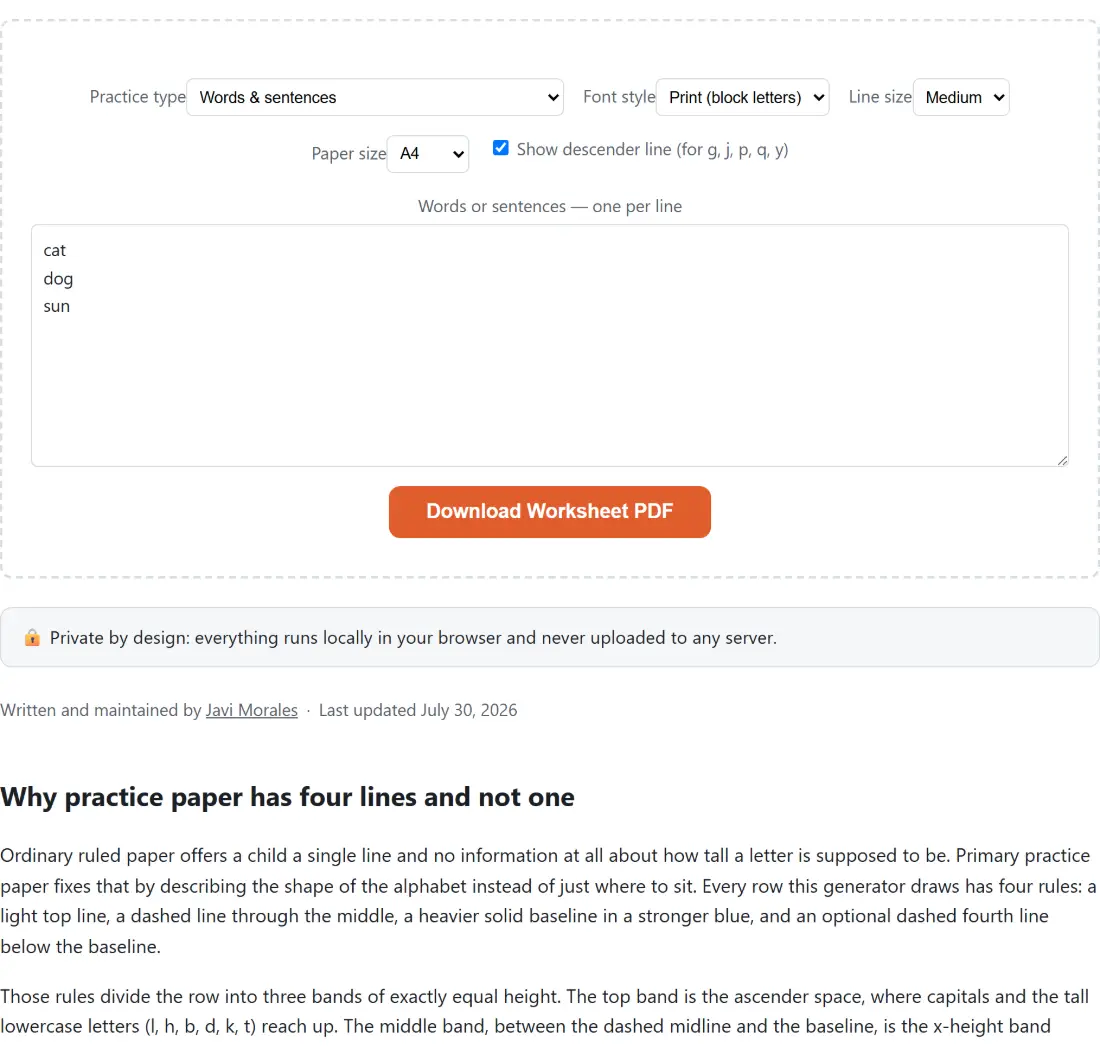 Screenshot of the Handwriting Practice Sheets Generator tool with a worksheet builder choosing between words and sentences or name tracing that repeats one name down the page, in print block letters or cursive, with the ruled line size set for the age of the writer