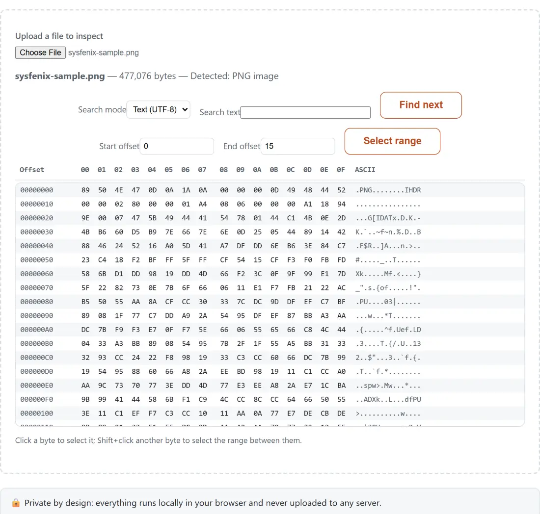 Screenshot of the Hex Viewer result screen showing the file opened as raw bytes in a hex column beside its ASCII rendering, searchable and scrollable