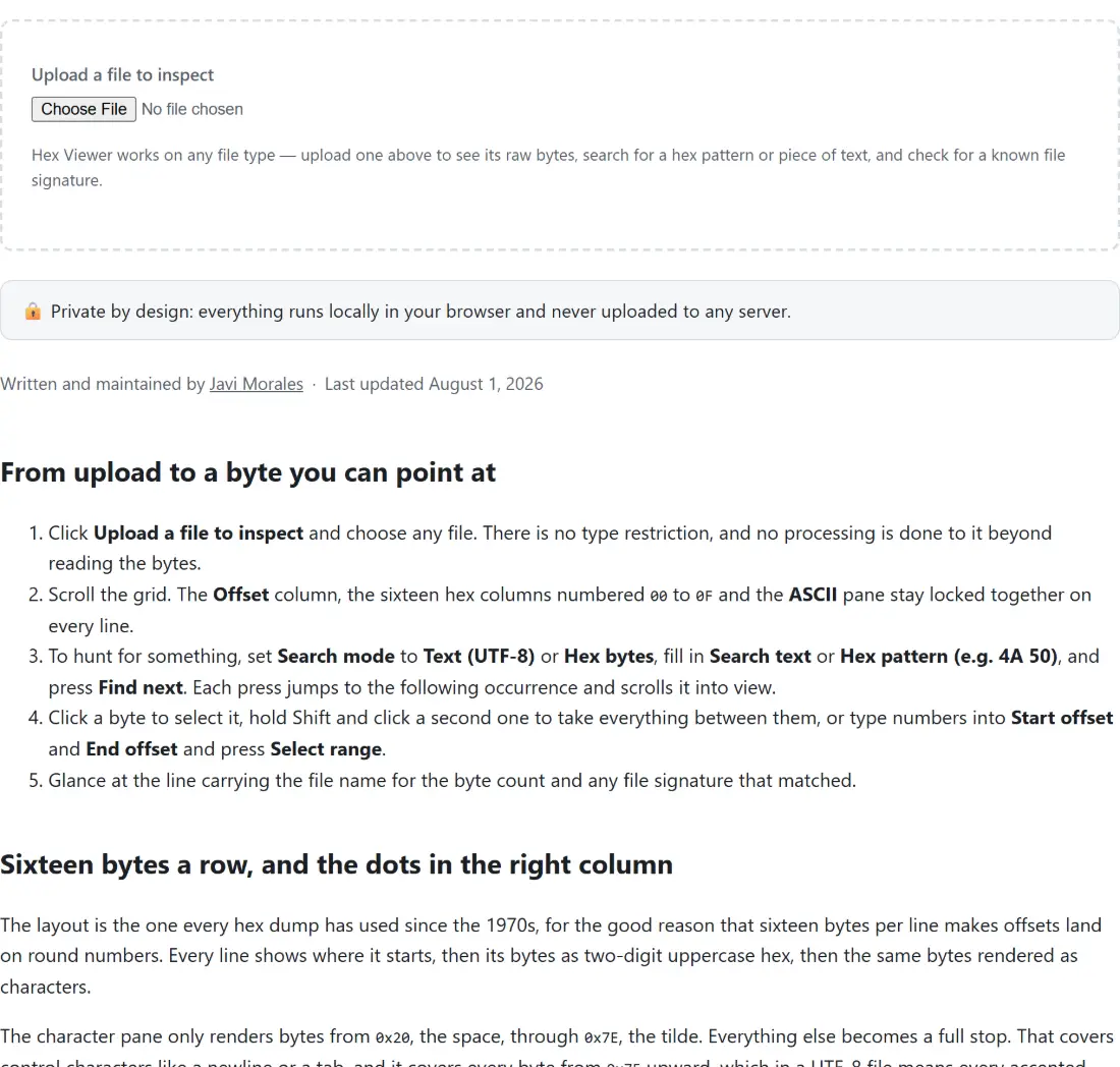 Screenshot of the Hex Viewer tool with an empty file picker, with the note that it works on any file type