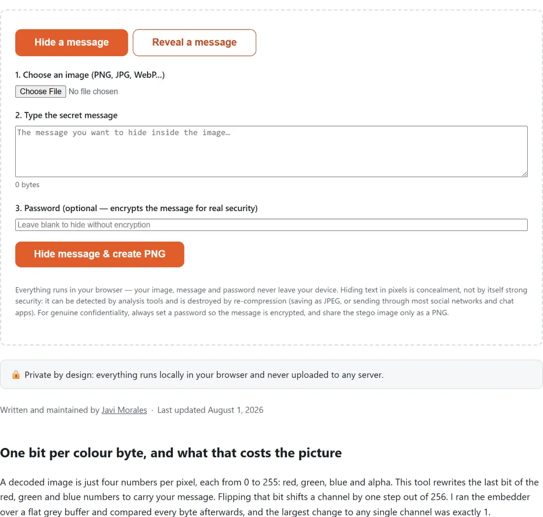 Screenshot of the Hide Text in Image tool with a two-tab steganography tool - hide a message or reveal one - starting with the numbered steps to choose an image and type the secret text