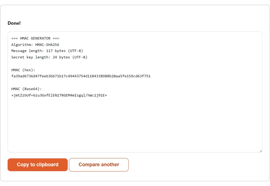 Screenshot of the HMAC Generator result screen showing the generated output “=== HMAC GENERATOR === Algorithm: HMAC-SHA256 Me…”